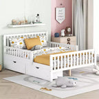 Lit plateforme entièrement en bois avec barrières de sécurité et 2 tiroirs de rangement, blanc