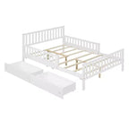 Lit plateforme entièrement en bois avec barrières de sécurité et 2 tiroirs de rangement, blanc
