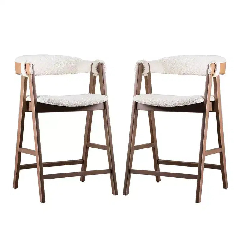 Tabouret de comptoir Royal Hampton, lot de 2, bois de noyer marron, tissu bouclé beige