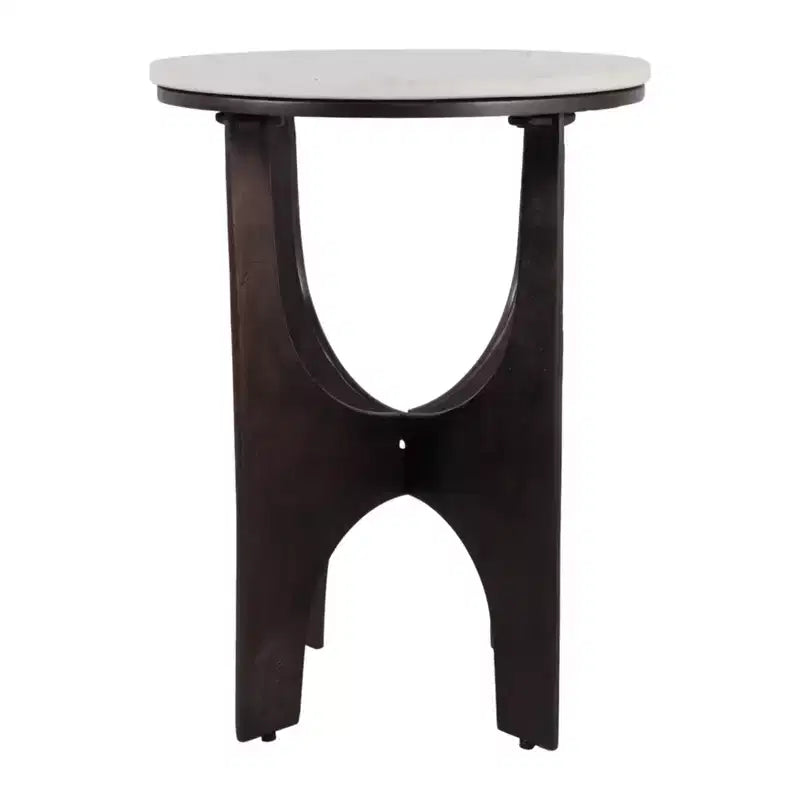 Table d'appoint contemporaine ronde avec plateau en marbre et base en métal pour la décoration intérieure - Table d'appoint étroite sculpturale pour petits espaces - 22, Blanc et bronze