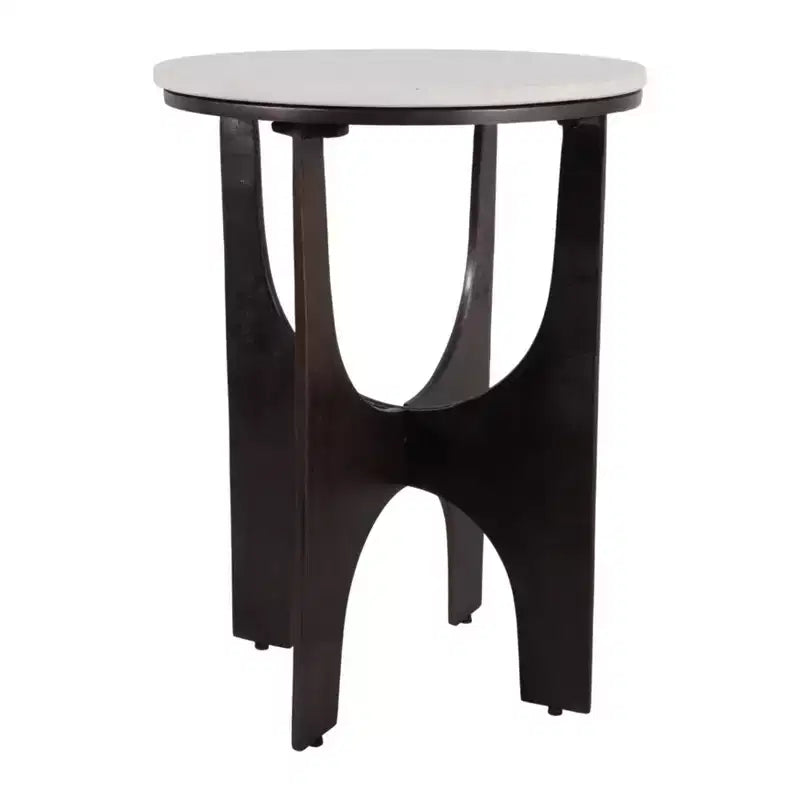 Table d'appoint contemporaine ronde avec plateau en marbre et base en métal pour la décoration intérieure - Table d'appoint étroite sculpturale pour petits espaces - 22, Blanc et bronze