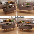JVNOXK Table basse à plateau relevable cannelé avec compartiment caché, table centrale en bois, plateau relevable ovale moderne pour salon, bureau, couleur noyer