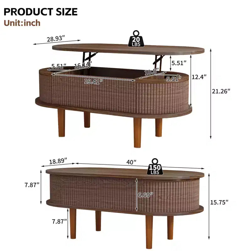 JVNOXK Table basse à plateau relevable cannelé avec compartiment caché, table centrale en bois, plateau relevable ovale moderne pour salon, bureau, couleur noyer