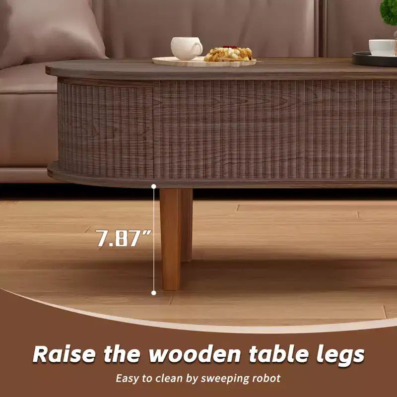 JVNOXK Table basse à plateau relevable cannelé avec compartiment caché, table centrale en bois, plateau relevable ovale moderne pour salon, bureau, couleur noyer