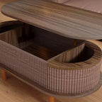 JVNOXK Table basse à plateau relevable cannelé avec compartiment caché, table centrale en bois, plateau relevable ovale moderne pour salon, bureau, couleur noyer