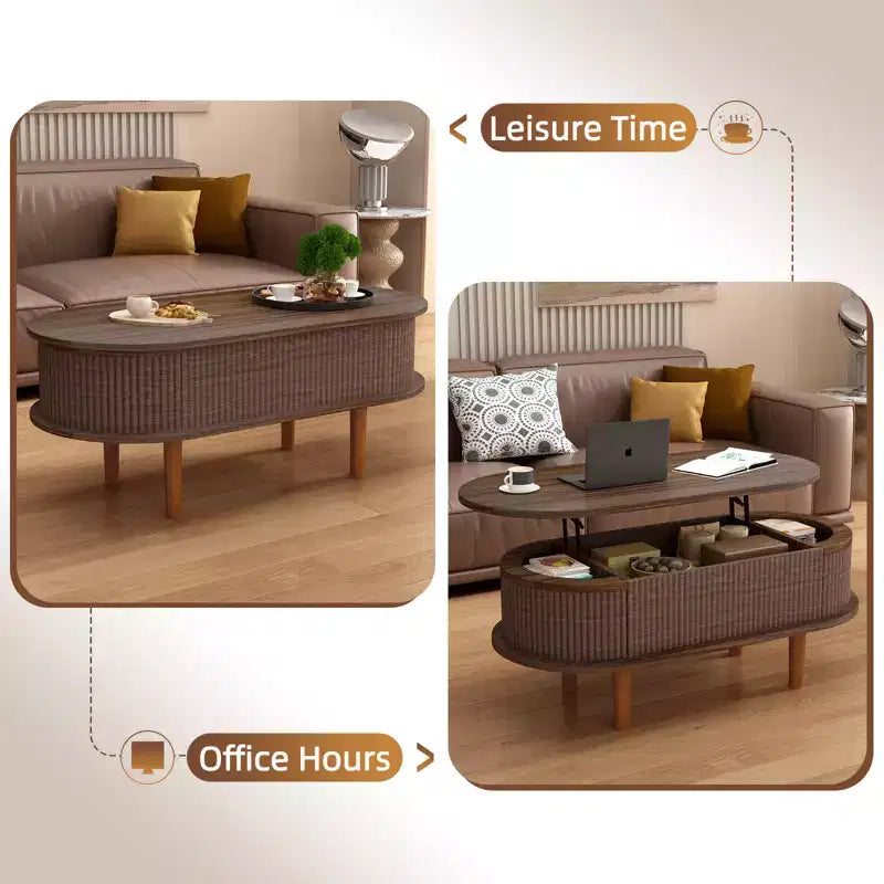 JVNOXK Table basse à plateau relevable cannelé avec compartiment caché, table centrale en bois, plateau relevable ovale moderne pour salon, bureau, couleur noyer