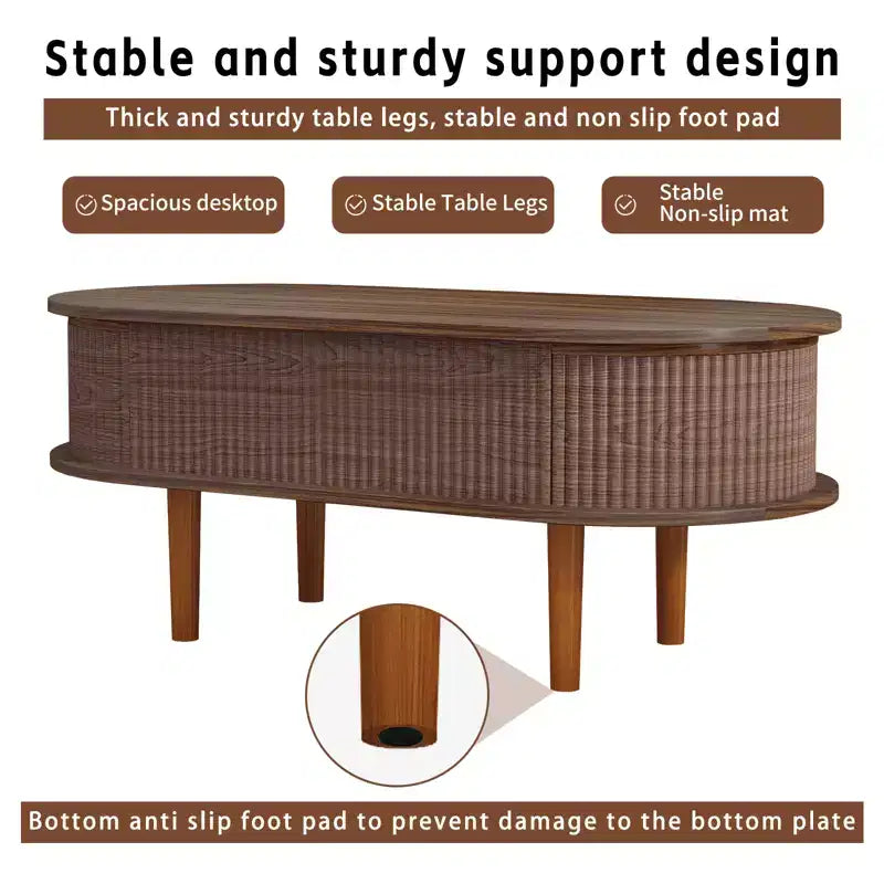 JVNOXK Table basse à plateau relevable cannelé avec compartiment caché, table centrale en bois, plateau relevable ovale moderne pour salon, bureau, couleur noyer