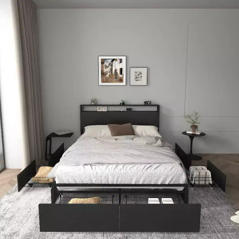 Cadre de lit moderne Marias GDFStudio avec 6 tiroirs, lumières LED et tête de lit de rangement
