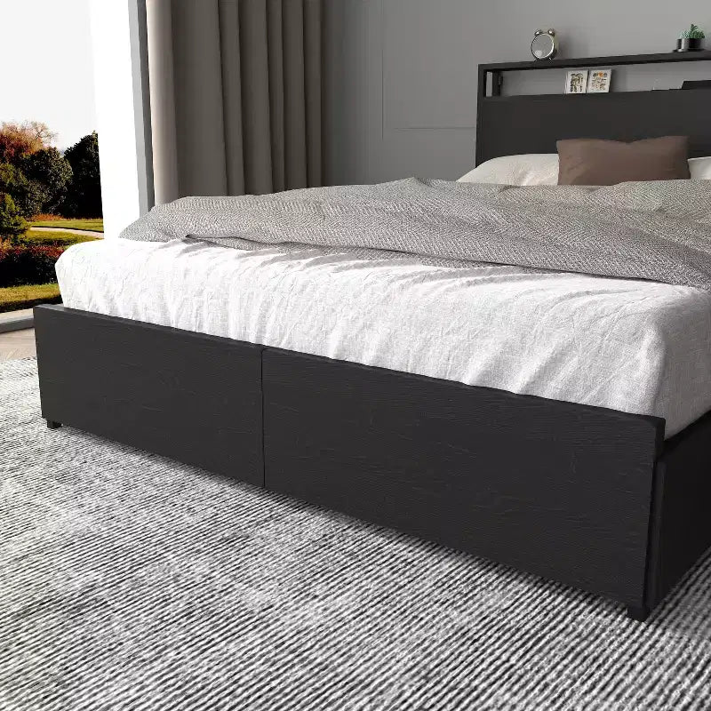 Cadre de lit moderne Marias GDFStudio avec 6 tiroirs, lumières LED et tête de lit de rangement