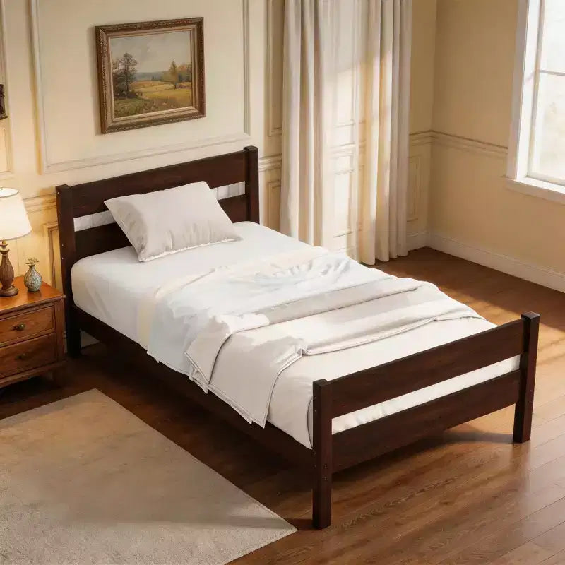 Cadre de lit plateforme double Sailvan en bois d'hévéa avec tête et pied de lit, design compact