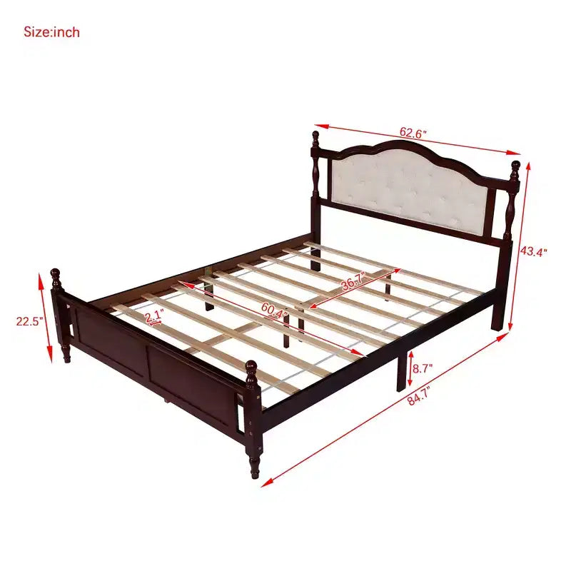 Lit Plateforme Sailvan Queen en Bois de Pin avec Tête de Lit Rembourrée et Pied de Lit à Panneaux