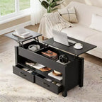Table basse relevable avec 2 tiroirs et rangement caché, table en bois convertible pour salon et bureau à domicile