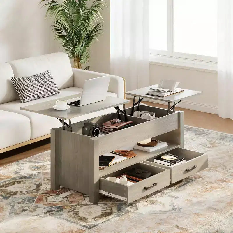Table basse relevable avec 2 tiroirs et rangement caché, table en bois convertible pour salon et bureau à domicile