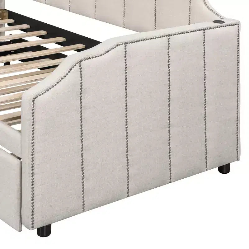 Canapé-lit rembourré ModernLuxe convertible lit simple/king size avec lit gigogne escamotable et ports de chargement USB, tissu en lin, capacité de 180 kg