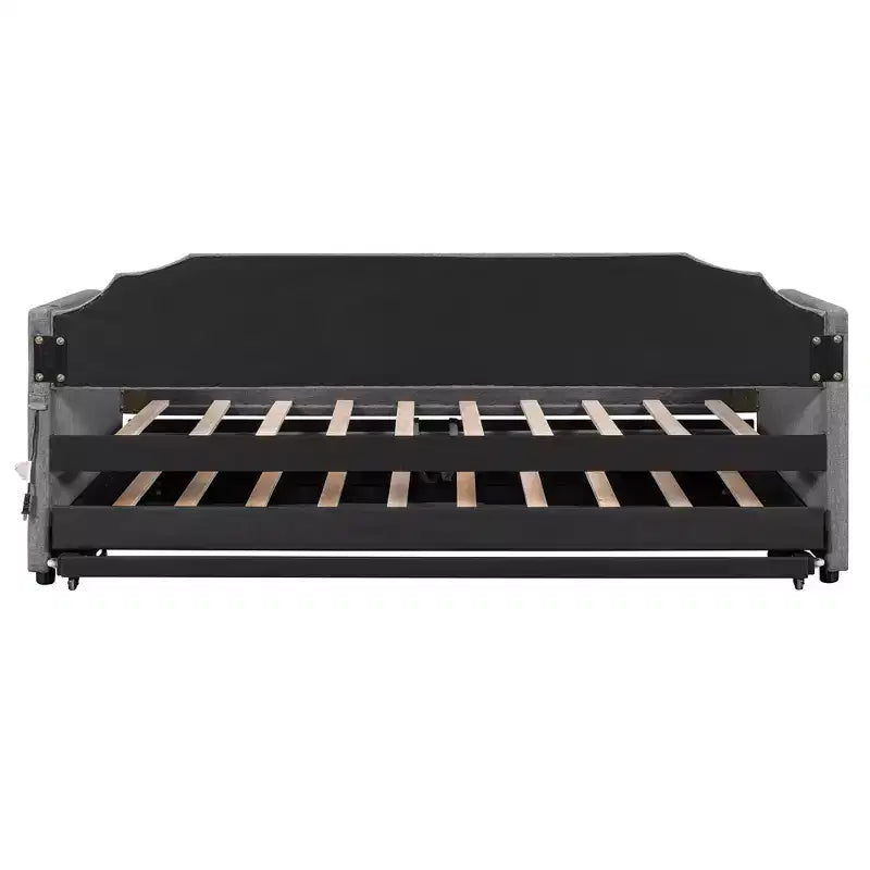 Canapé-lit rembourré ModernLuxe convertible lit simple/king size avec lit gigogne escamotable et ports de chargement USB, tissu en lin, capacité de 180 kg