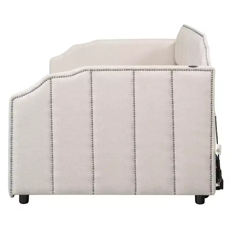Canapé-lit rembourré ModernLuxe convertible lit simple/king size avec lit gigogne escamotable et ports de chargement USB, tissu en lin, capacité de 180 kg
