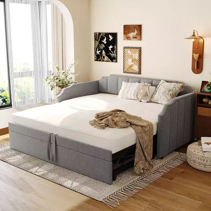 Canapé-lit rembourré ModernLuxe convertible lit simple/king size avec lit gigogne escamotable et ports de chargement USB, tissu en lin, capacité de 180 kg