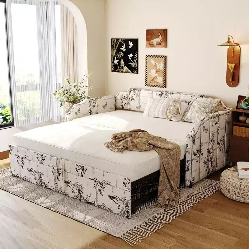 Canapé-lit rembourré ModernLuxe convertible lit simple/king size avec lit gigogne escamotable et ports de chargement USB, tissu en lin, capacité de 180 kg