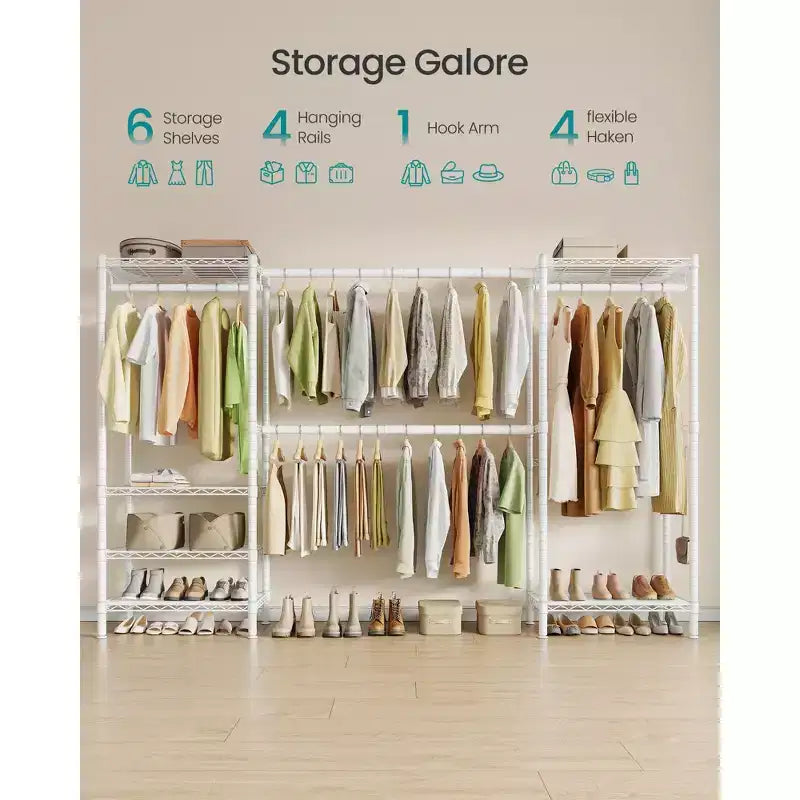 SONGMICS Portant à Vêtements Robuste, Portant Extensible, Armoire Portable avec Étagères en Maille Réglables et Tringles, Crochets