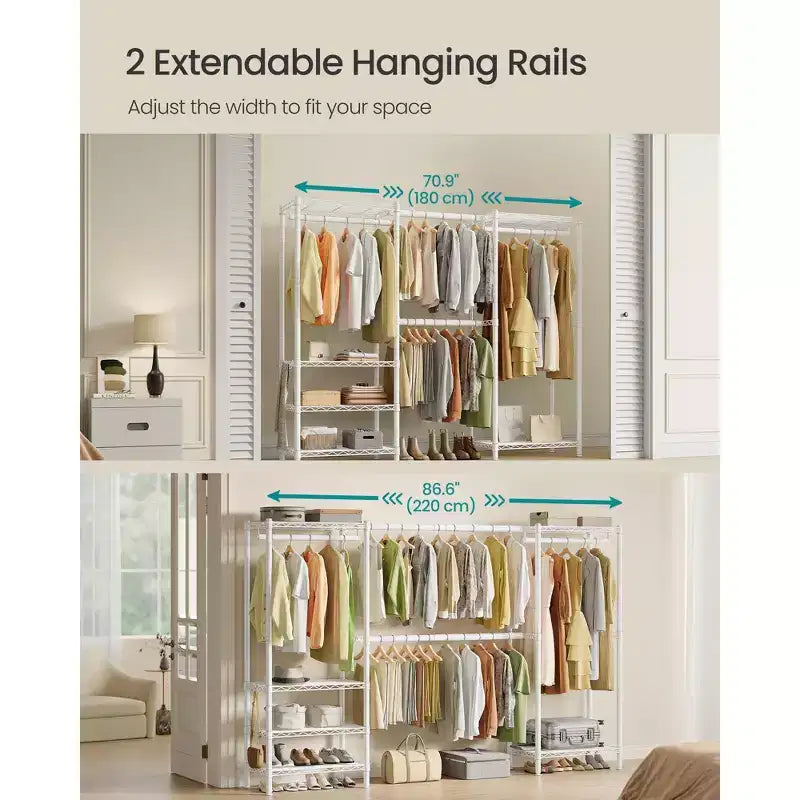 SONGMICS Portant à Vêtements Robuste, Portant Extensible, Armoire Portable avec Étagères en Maille Réglables et Tringles, Crochets