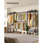 SONGMICS Portant à Vêtements Robuste, Portant Extensible, Armoire Portable avec Étagères en Maille Réglables et Tringles, Crochets