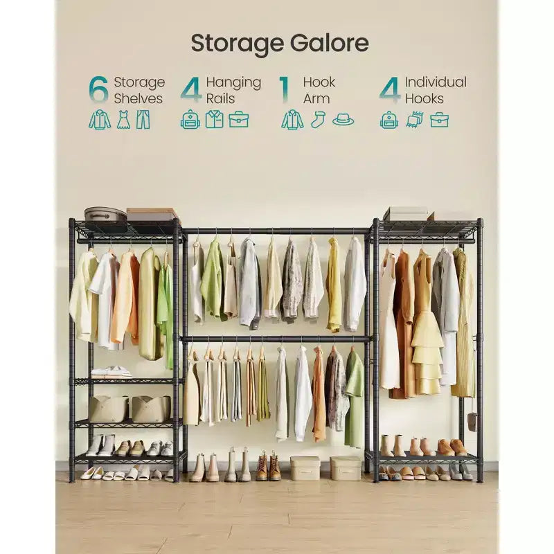 SONGMICS Portant à Vêtements Robuste, Portant Extensible, Armoire Portable avec Étagères en Maille Réglables et Tringles, Crochets