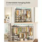 SONGMICS Portant à Vêtements Robuste, Portant Extensible, Armoire Portable avec Étagères en Maille Réglables et Tringles, Crochets