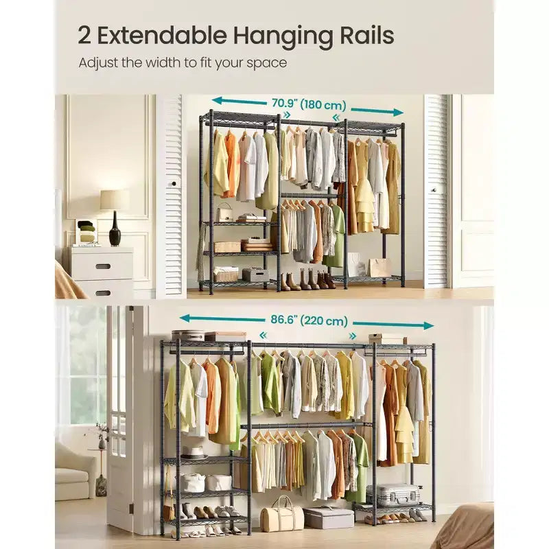 SONGMICS Portant à Vêtements Robuste, Portant Extensible, Armoire Portable avec Étagères en Maille Réglables et Tringles, Crochets