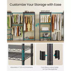 SONGMICS Portant à Vêtements Robuste, Portant Extensible, Armoire Portable avec Étagères en Maille Réglables et Tringles, Crochets