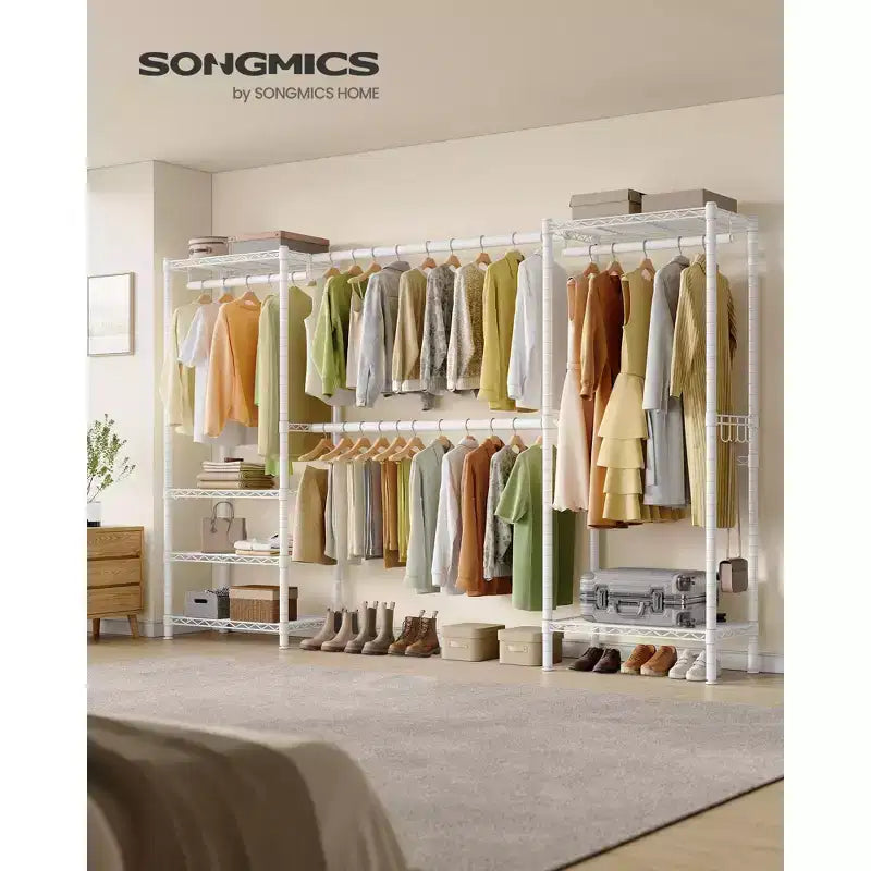 SONGMICS Portant à Vêtements Robuste, Portant Extensible, Armoire Portable avec Étagères en Maille Réglables et Tringles, Crochets