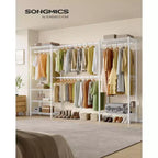 SONGMICS Portant à Vêtements Robuste, Portant Extensible, Armoire Portable avec Étagères en Maille Réglables et Tringles, Crochets