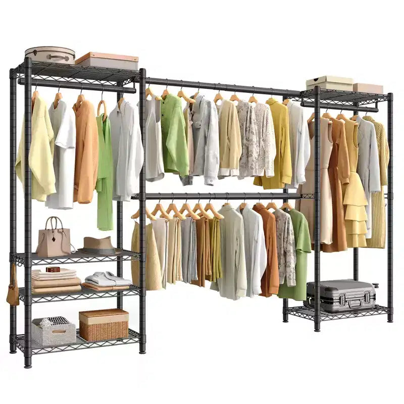 SONGMICS Heavy-Duty Clothes Rack, Extendable Garment Rack, Portable Closet with Adjustable Mesh Shelves and Hanging Rails, Hooks