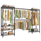 SONGMICS Heavy-Duty Clothes Rack, Extendable Garment Rack, Portable Closet with Adjustable Mesh Shelves and Hanging Rails, Hooks