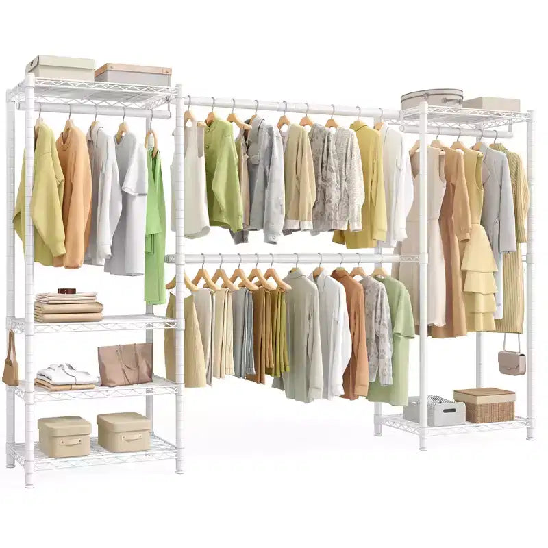 SONGMICS Portant à Vêtements Robuste, Portant Extensible, Armoire Portable avec Étagères en Maille Réglables et Tringles, Crochets
