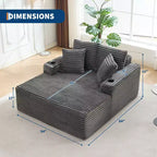 Chauffeuse moderne en velours côtelé de 152 cm avec ports USB et porte-gobelets, canapé inclinable avec coussins pour salon, appartement et bureau