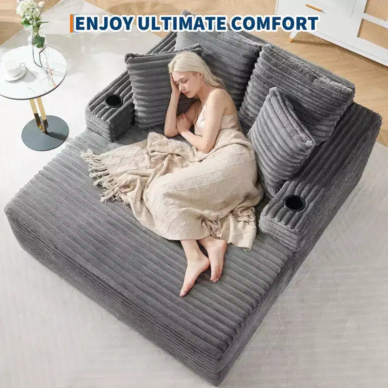 Chauffeuse moderne en velours côtelé de 152 cm avec ports USB et porte-gobelets, canapé inclinable avec coussins pour salon, appartement et bureau