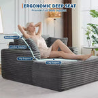 Chauffeuse moderne en velours côtelé de 152 cm avec ports USB et porte-gobelets, canapé inclinable avec coussins pour salon, appartement et bureau