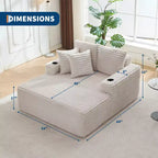 Chauffeuse moderne en velours côtelé de 152 cm avec ports USB et porte-gobelets, canapé inclinable avec coussins pour salon, appartement et bureau