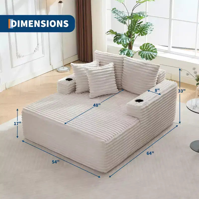 Chauffeuse moderne en velours côtelé de 152 cm avec ports USB et porte-gobelets, canapé inclinable avec coussins pour salon, appartement et bureau