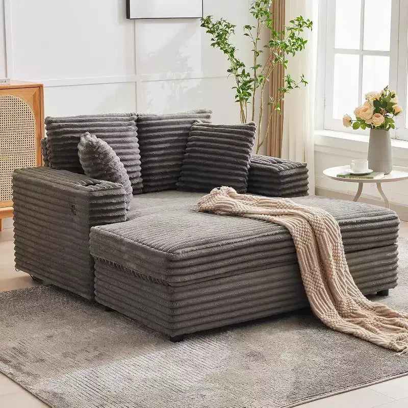 Chauffeuse moderne en velours côtelé de 152 cm avec ports USB et porte-gobelets, canapé inclinable avec coussins pour salon, appartement et bureau
