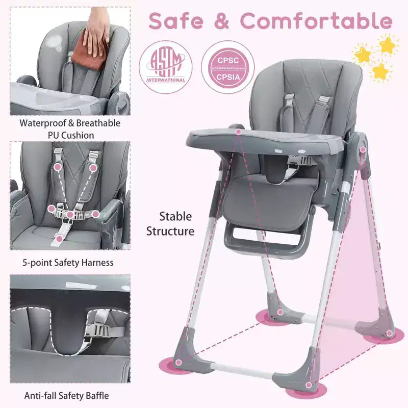 Chaise Haute Bébé Multifonctionnelle avec Hauteur et Inclinaison Réglables, Pliable pour Bébés et Tout-Petits