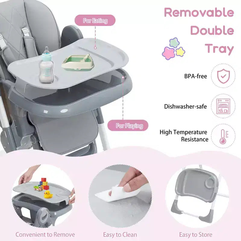 Chaise Haute Bébé Multifonctionnelle avec Hauteur et Inclinaison Réglables, Pliable pour Bébés et Tout-Petits