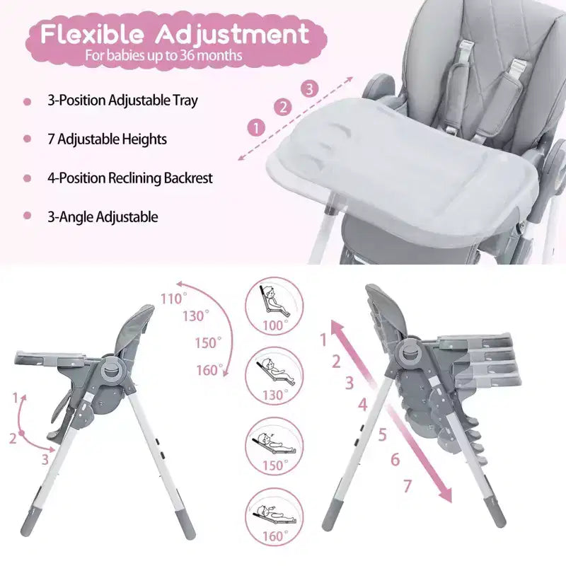 Chaise Haute Bébé Multifonctionnelle avec Hauteur et Inclinaison Réglables, Pliable pour Bébés et Tout-Petits
