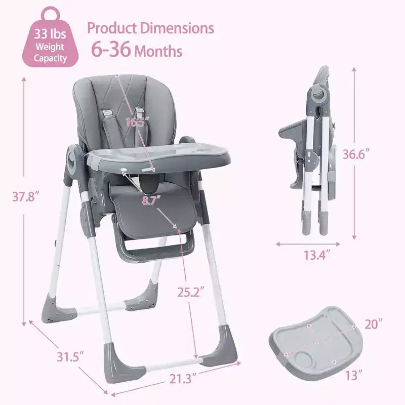 Chaise Haute Bébé Multifonctionnelle avec Hauteur et Inclinaison Réglables, Pliable pour Bébés et Tout-Petits