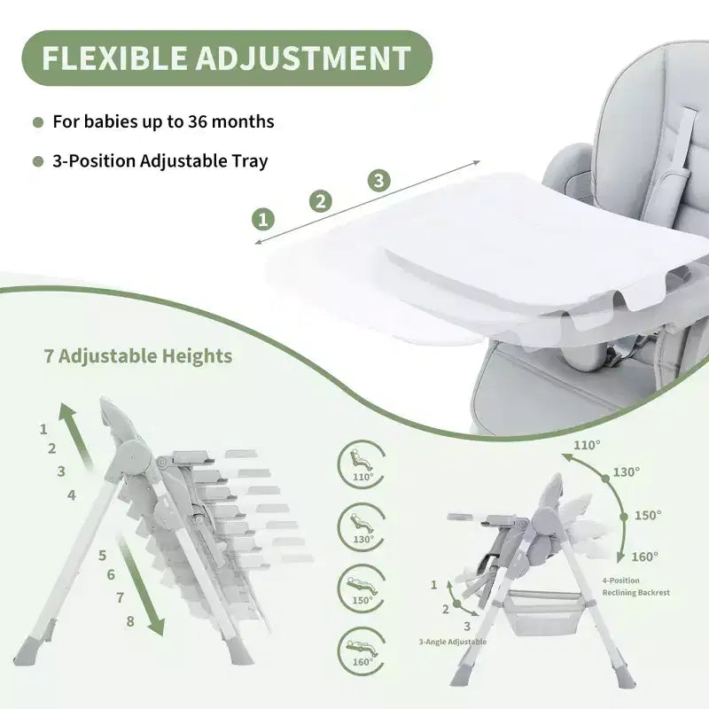Chaise Haute Bébé Multifonctionnelle avec Hauteur et Inclinaison Réglables, Pliable pour Bébés et Tout-Petits
