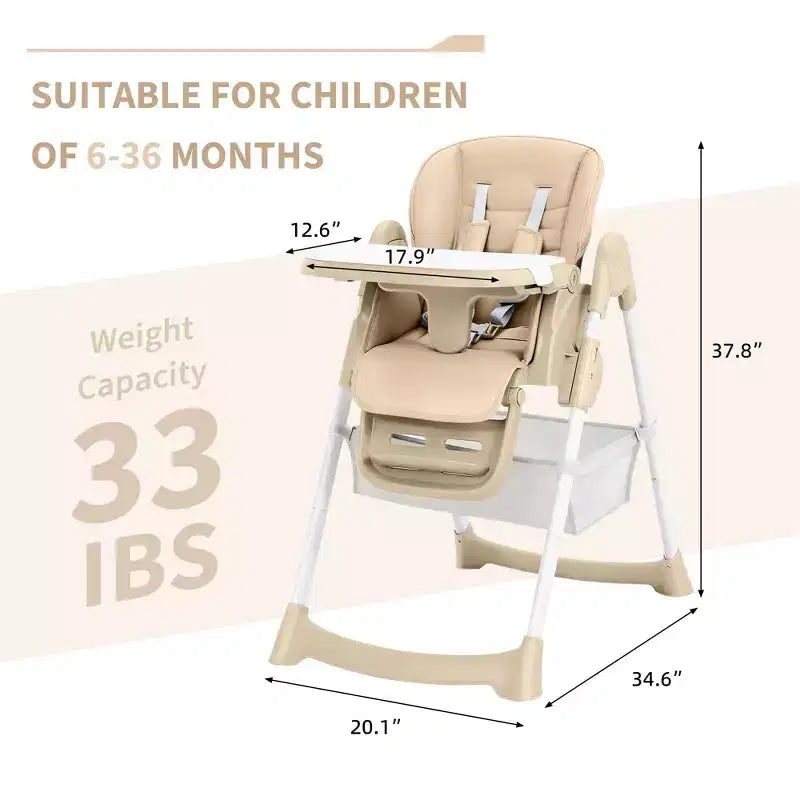 Chaise Haute Bébé Multifonctionnelle avec Hauteur et Inclinaison Réglables, Pliable pour Bébés et Tout-Petits