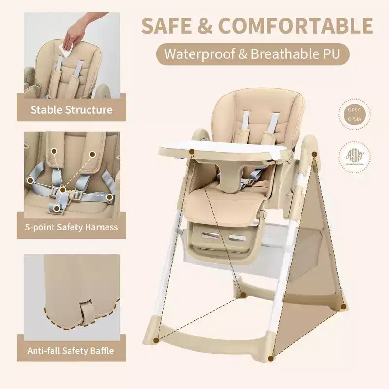 Chaise Haute Bébé Multifonctionnelle avec Hauteur et Inclinaison Réglables, Pliable pour Bébés et Tout-Petits