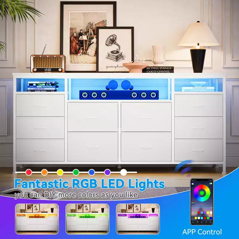 Meuble TV avec 10 tiroirs en tissu pour téléviseurs de 65/70/75 pouces, meuble de divertissement de 160 cm de large avec lumières LED et prises de courant