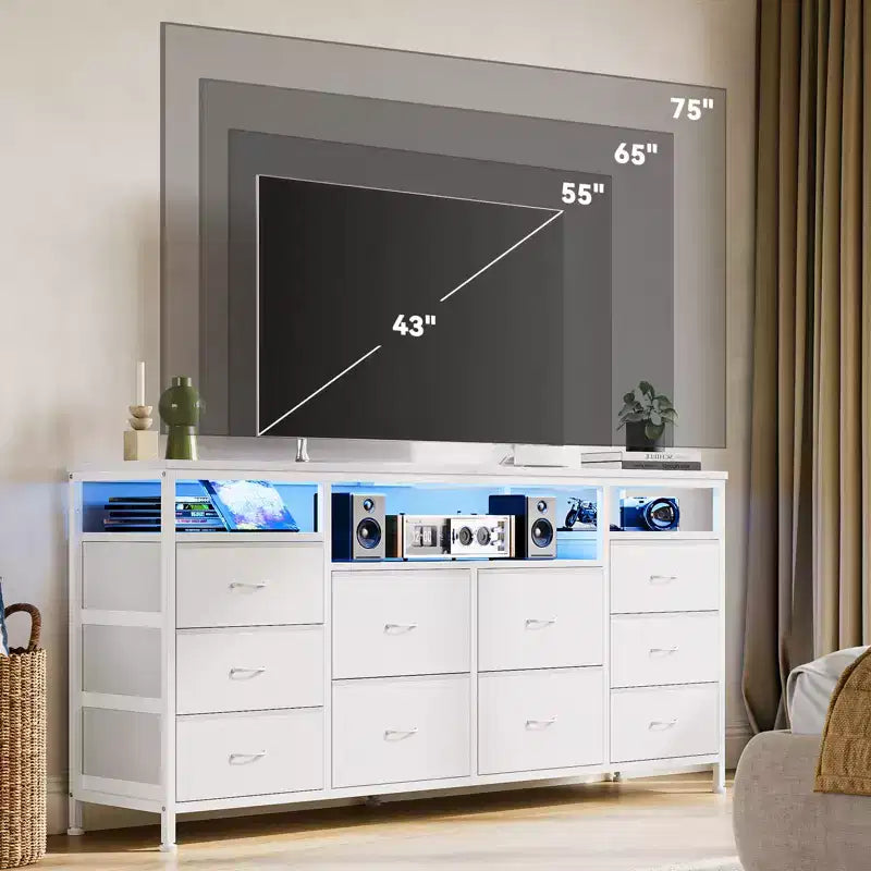 Meuble TV avec 10 tiroirs en tissu pour téléviseurs de 65/70/75 pouces, meuble de divertissement de 160 cm de large avec lumières LED et prises de courant