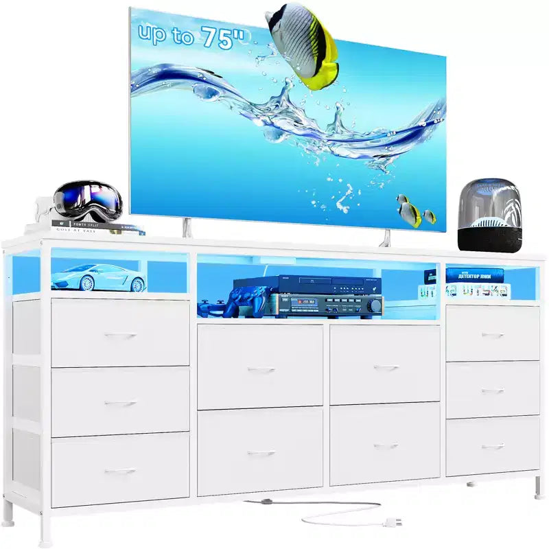 Meuble TV avec 10 tiroirs en tissu pour téléviseurs de 65/70/75 pouces, meuble de divertissement de 160 cm de large avec lumières LED et prises de courant